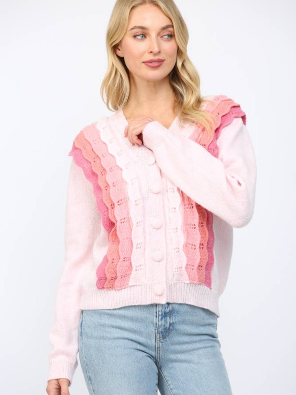 V-Neck Pink Gradient Ruffle Knit Cardigan Sweater by fate NWOT - Picture 3 of 9